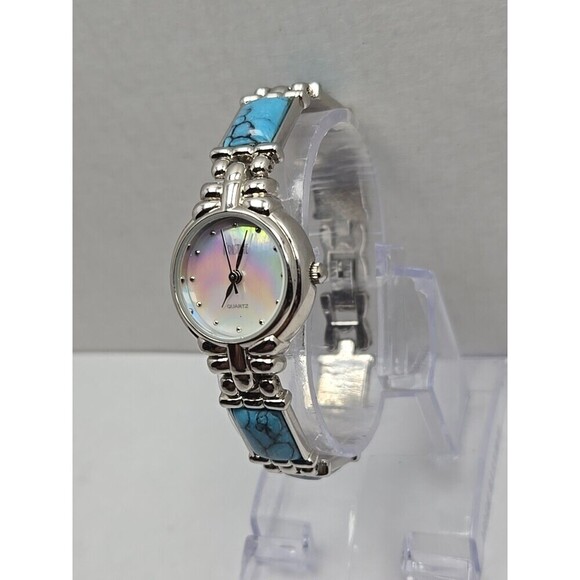 Womens Kristine Silver Tone Faux Turquoise Link Bracelet Watch New Battery Boho - Picture 2 of 9